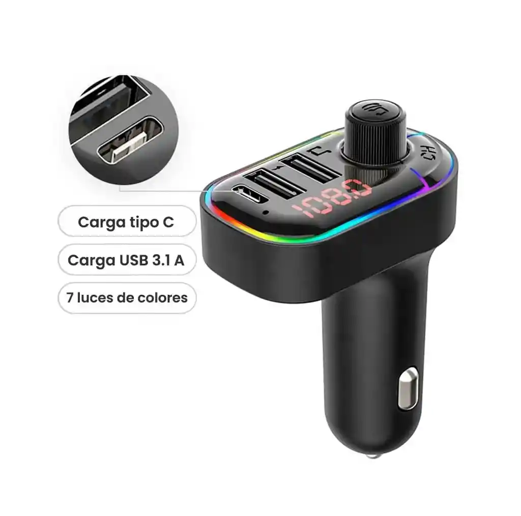 Transmisor Bluetooth De Cigarrera / Modulador Bluetooth Vehicular Fm, Cargador Tipo C Y Usb