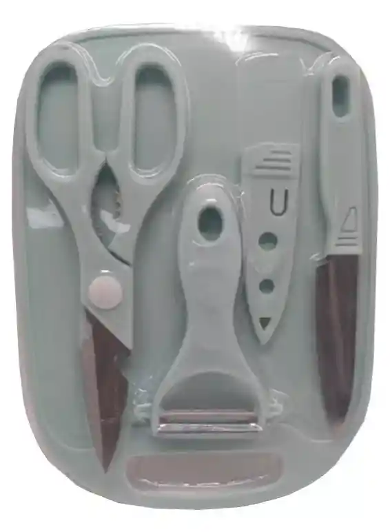 Set De Tabla Para Picar + Tijeras Pelador Y Cuchillo