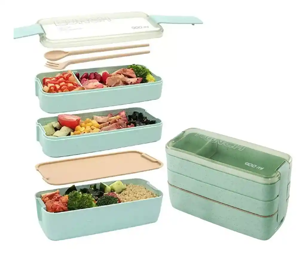 Portacomida 3 Pisos Libre De Bpa Diseño Slim Con Cubiertos Verde
