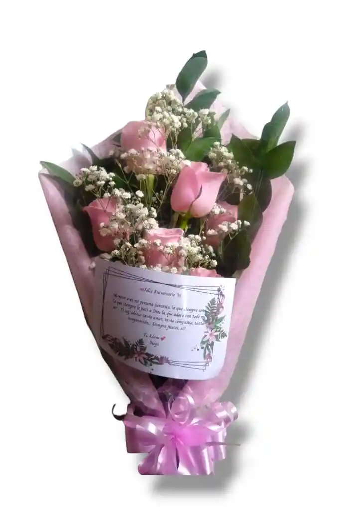 Bouquet De 6 Rosas Rosadas Con Follaje