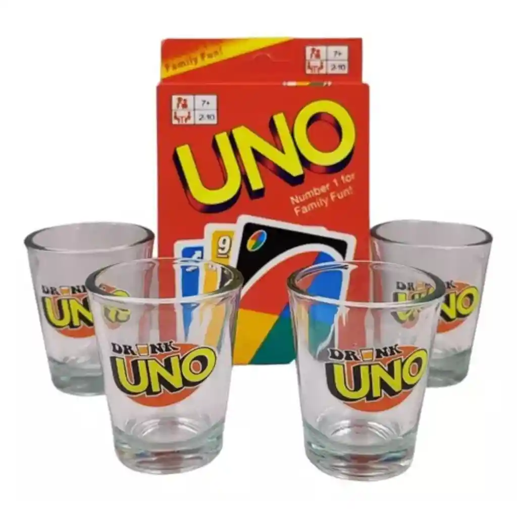 Juego De Cartas Uno Drink + 4 Vasos Para Shot