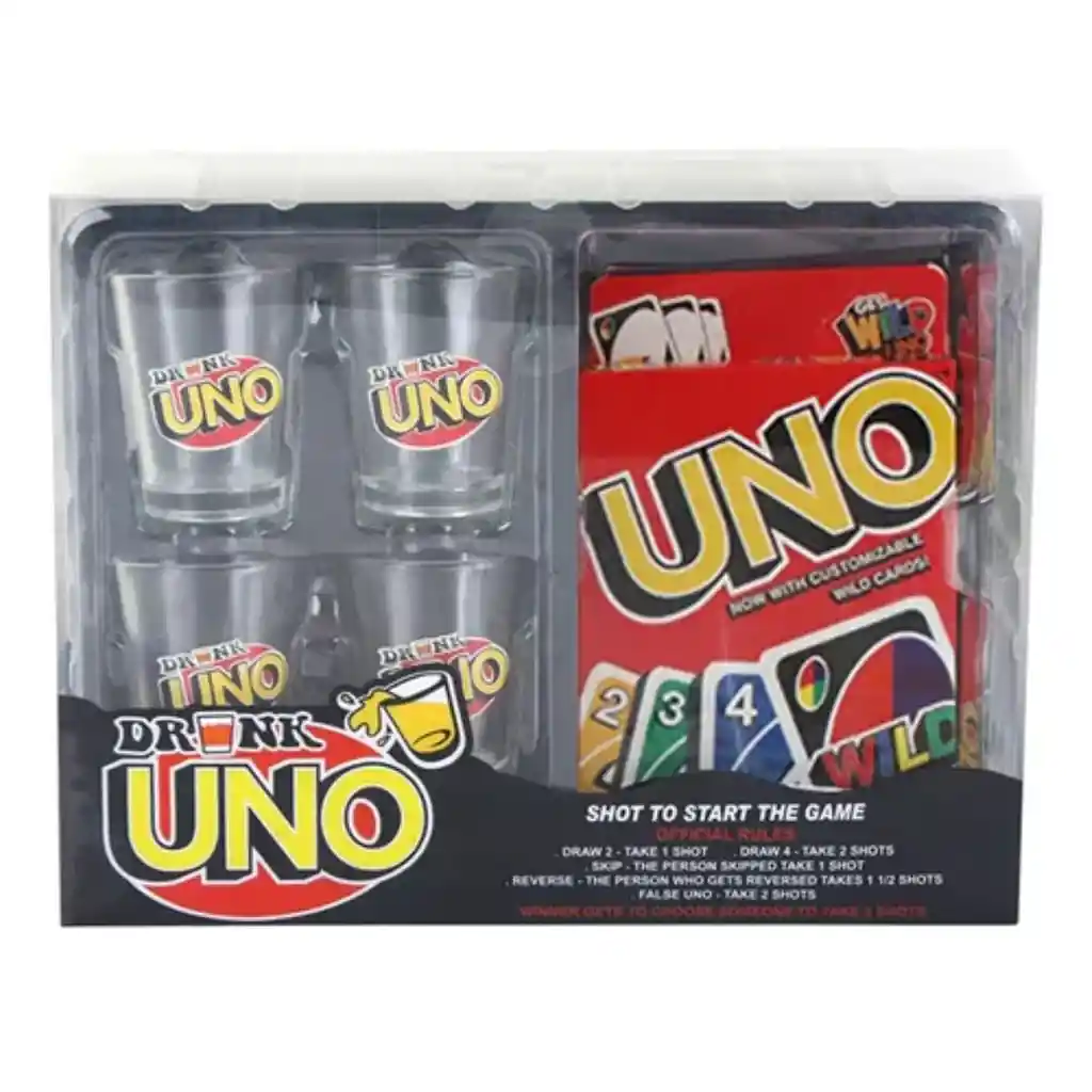 Juego De Cartas Uno Drink + 4 Vasos Para Shot