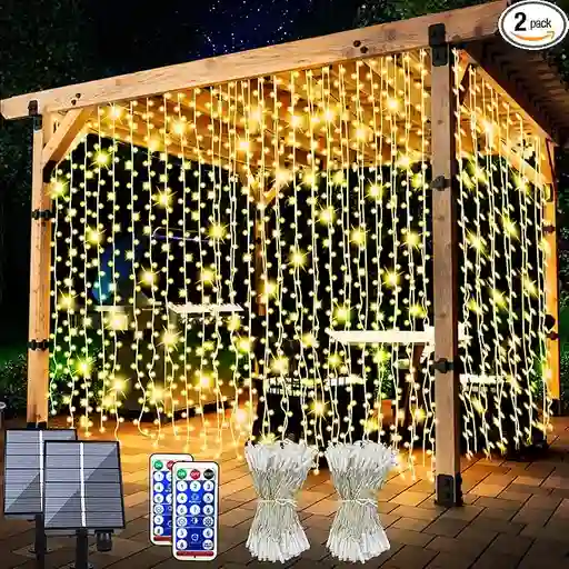 2 Luces Cortina Led 5m X 5m Con Panel Solar Con Control Navideño Jardin