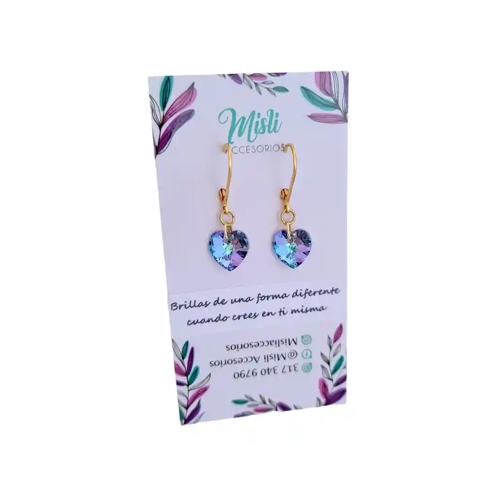 Aretes Largos Dijes Corazón En Cristal Swarovski Azul Tornasol