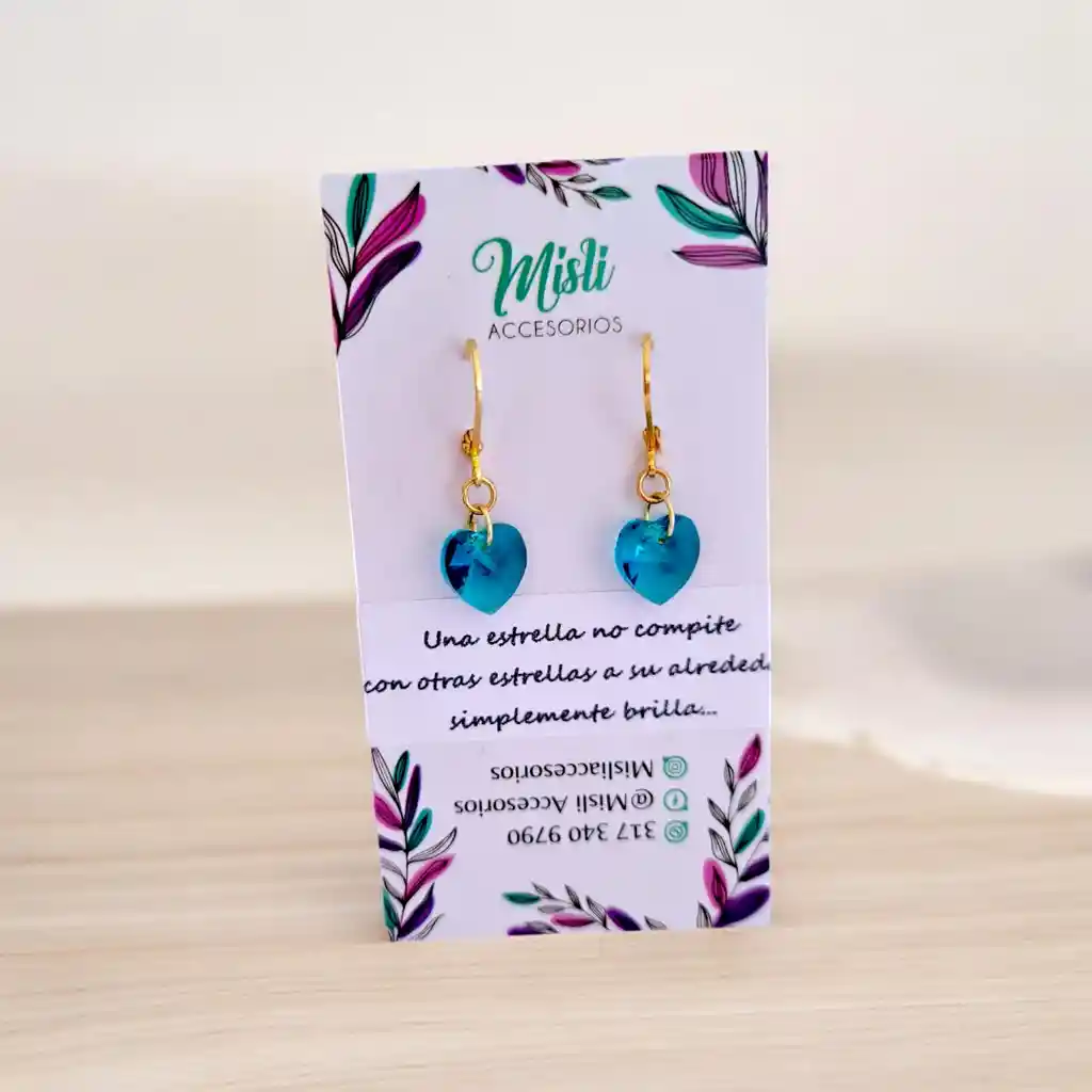 Aretes Largos Dijes Corazón En Cristal Swarovski Azul Tornasol