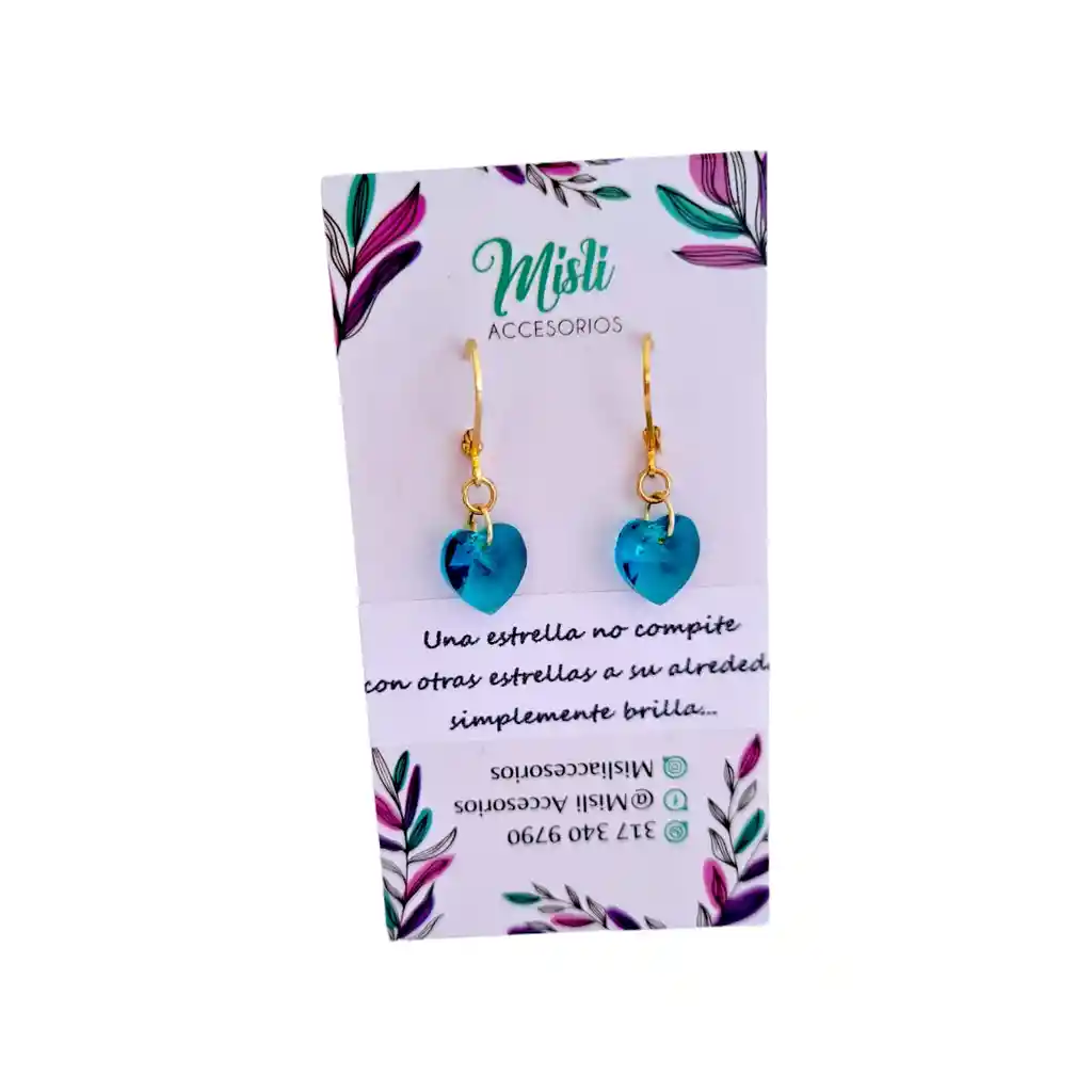 Aretes Largos Dijes Corazón En Cristal Swarovski Azul Tornasol