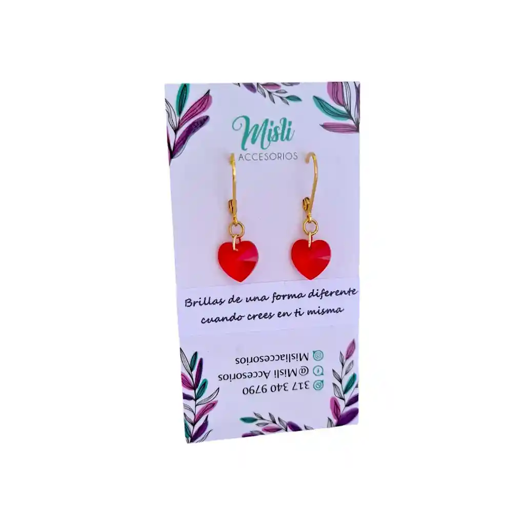 Aretes Largos Dijes Corazón En Cristal Swarovski Rojo