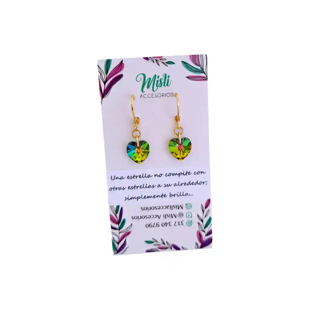 Aretes Largos Dijes Corazón En Cristal Swarovski Verde Tornasol