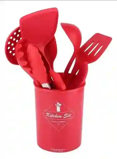 Set Utensilios De Cocina Madera Y Silicon Elegante Rojo