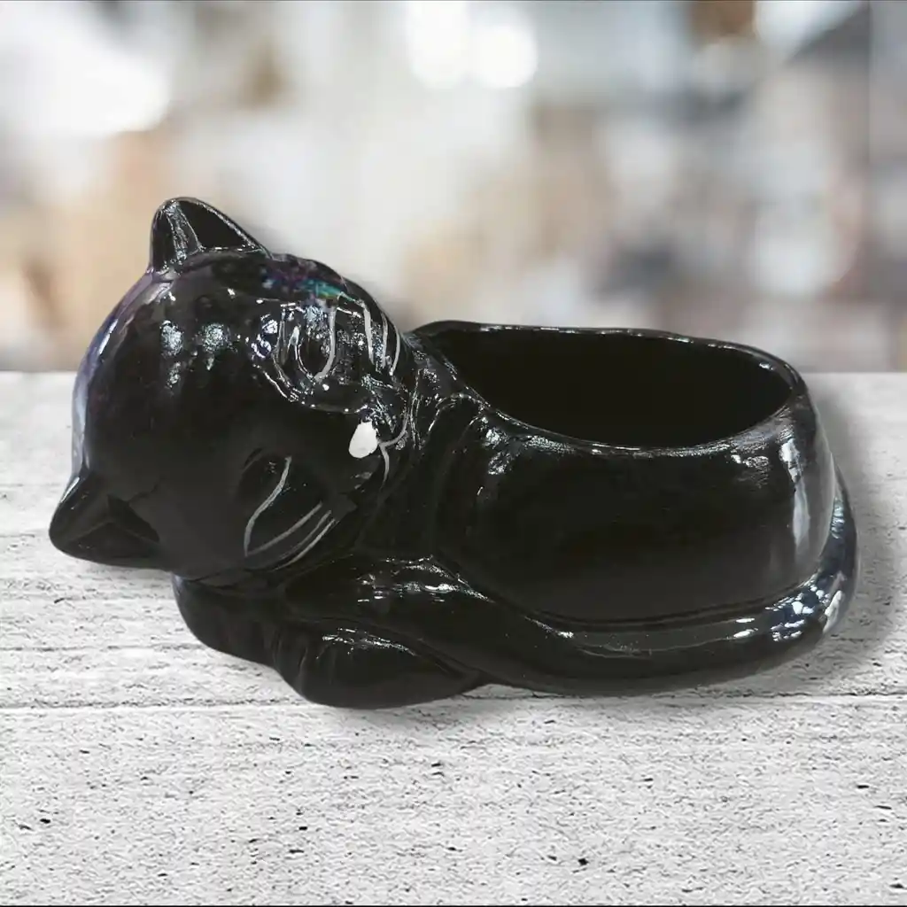 Matera En Ceramica Diseño Gato Acostado Negro