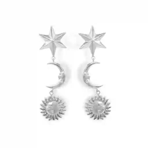 Aretes Largos Con Sol, Luna Y Estrella Silver