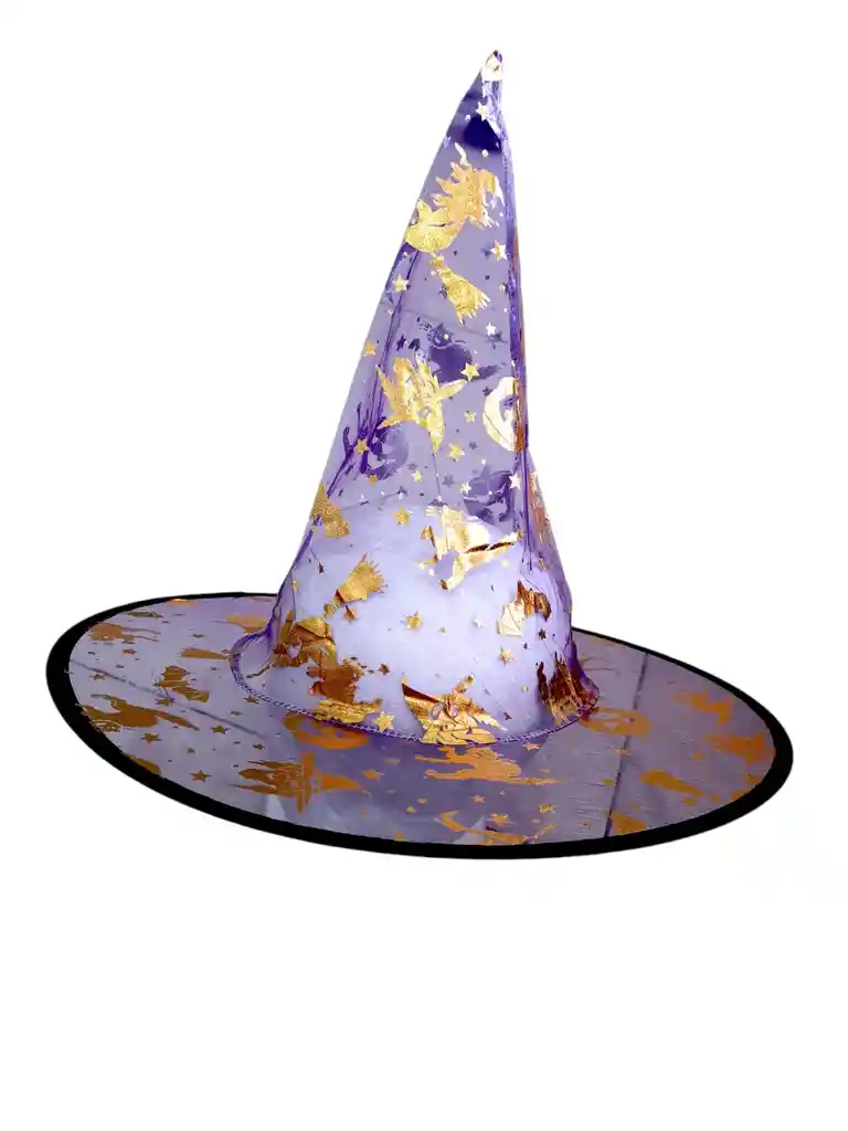 Sombrero Gorro De Bruja Mago Traslucido Morado Con Estampado Dorado