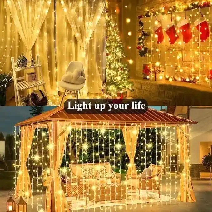 2 Luces Cortina Led 5m X 5m Con Panel Solar Con Control Navideño Jardin