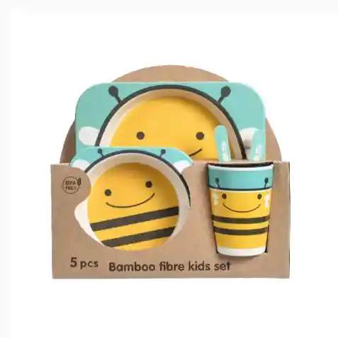 Set Vajilla Bebes Niños Bambu 5 Piezas Plato Con Divisiones Surtidos Motivos