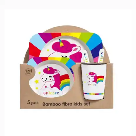 Set Vajilla Bebes Niños Bambu 5 Piezas Plato Con Divisiones Surtidos Motivos