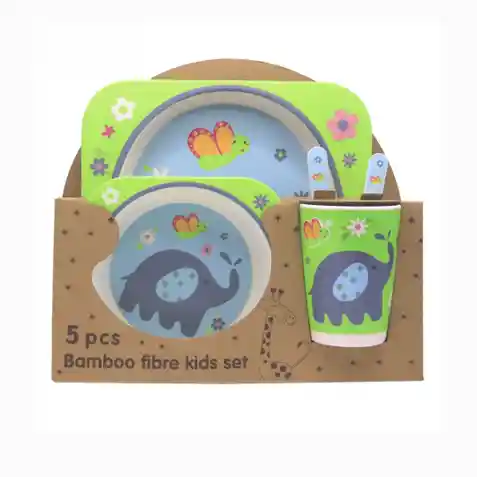 Set Vajilla Bebes Niños Bambu 5 Piezas Plato Con Divisiones Surtidos Motivos