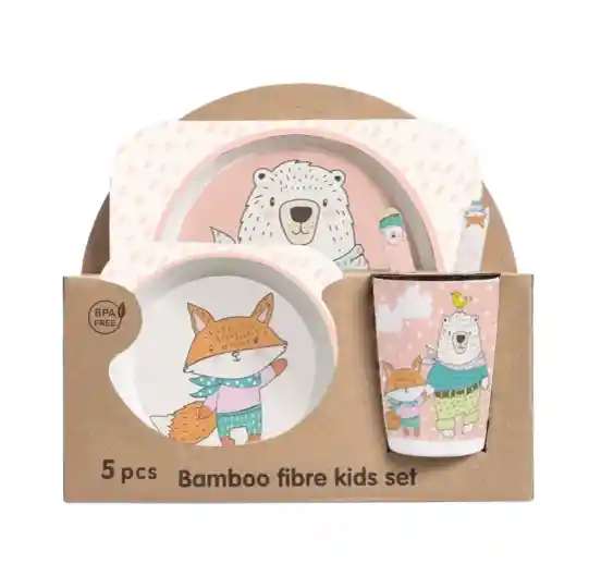Set Vajilla Bebes Niños Bambu 5 Piezas Plato Con Divisiones Surtidos Motivos
