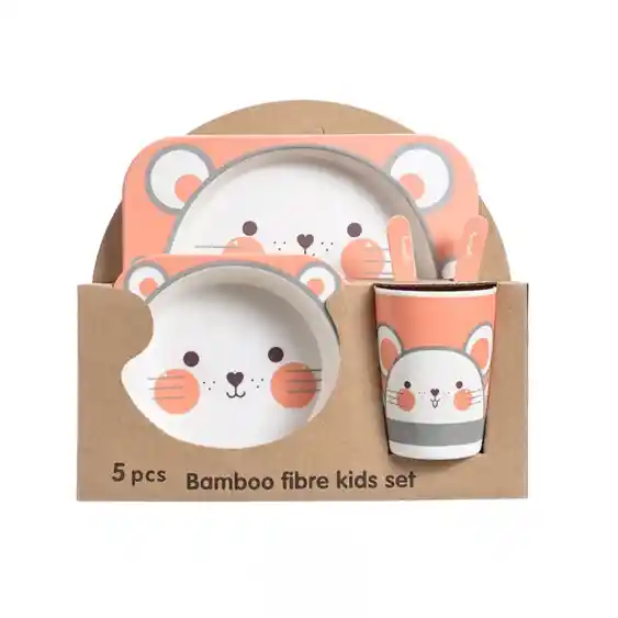 Set Vajilla Bebes Niños Bambu 5 Piezas Plato Con Divisiones Surtidos Motivos