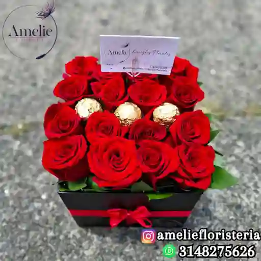 Caja Rosas Con 3 Ferrero Rocher