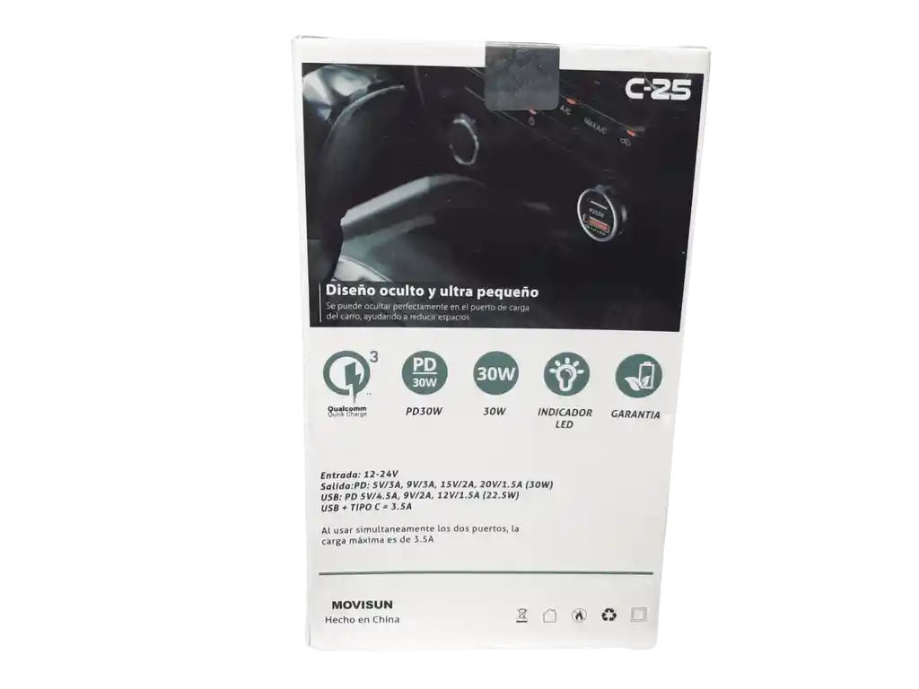 Cargador Carro Turbo C-25 Movisun Usb C 30w - Usb 22.5w 3.0