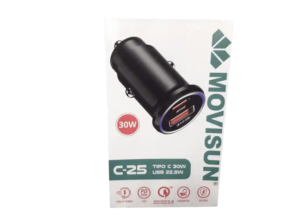 Cargador Carro Turbo C-25 Movisun Usb C 30w - Usb 22.5w 3.0