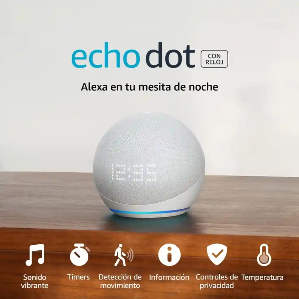 Amazon Echo Dot 5th Gen Alexa Pantalla Integrada Reloj Blanco