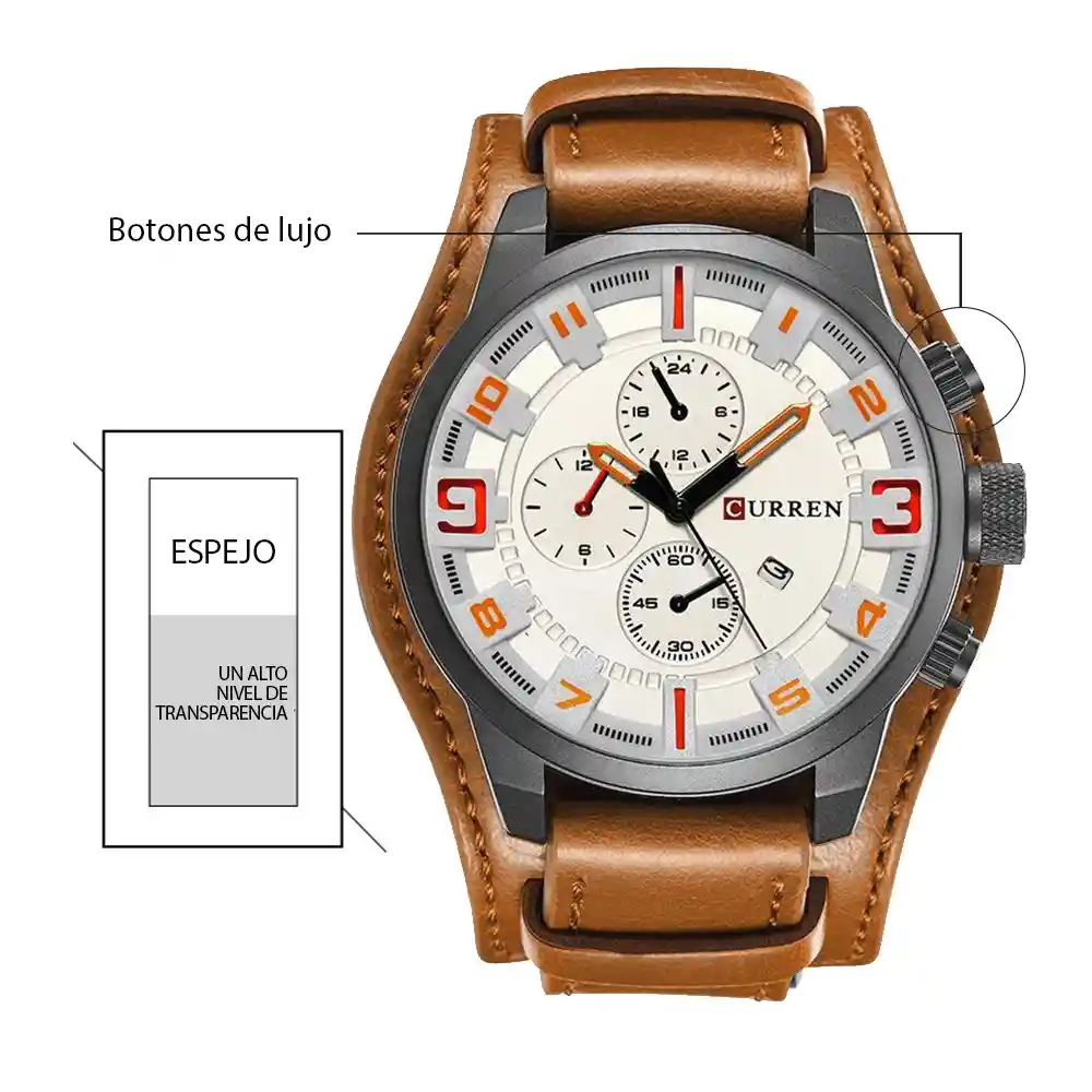 Reloj Curren 8225 En Cuero Café Blanco