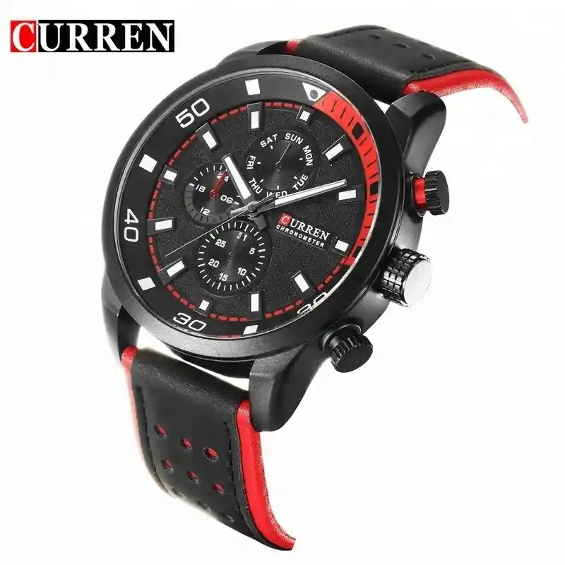 Reloj Curren 8250 Cuarzo Correa De Cuero Negro Rojo