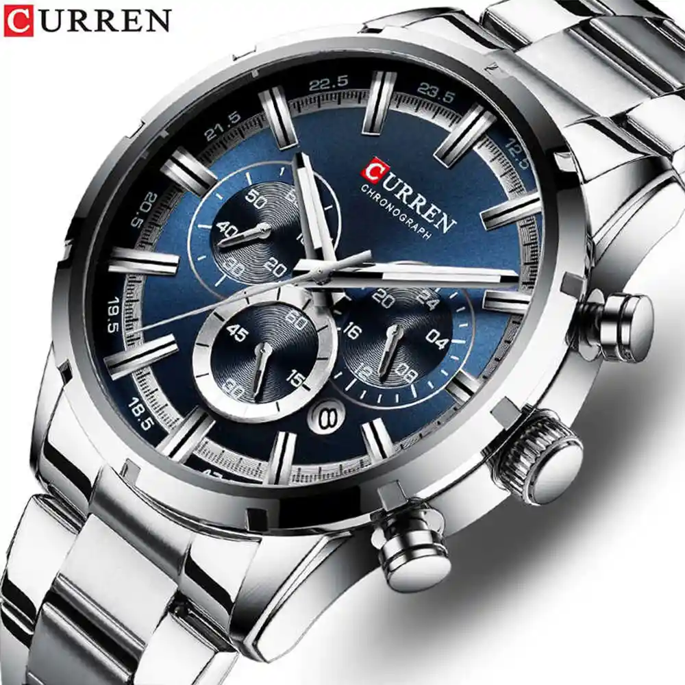 Reloj Curren 8355 Cronógr En Acero Inoxidable Plateado Azul