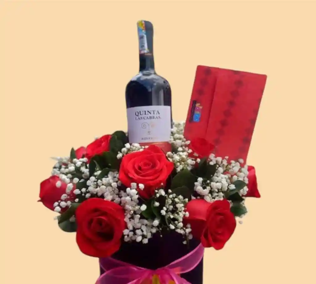 Arreglo Floral Con Rosas Y Vino (ramo De Flores -regalo Para Mujer - Regalo Sorpresa - Feliz Cumpleaños - Aniversario)