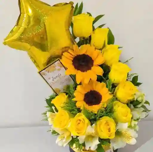 Arreglo Floral Con Rosas Amarillas Y Girasoles (ramo De Flores - Regalo Para Mujer -feliz Cumpleaños - Regalo Sorpresa)