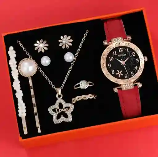 Kit Reloj Negro Rosas Para Mujer + Juego De Collar Aretes