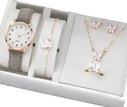 Kit Reloj Mariposa Para Mujer + Juego De Collar Aretes Blanco