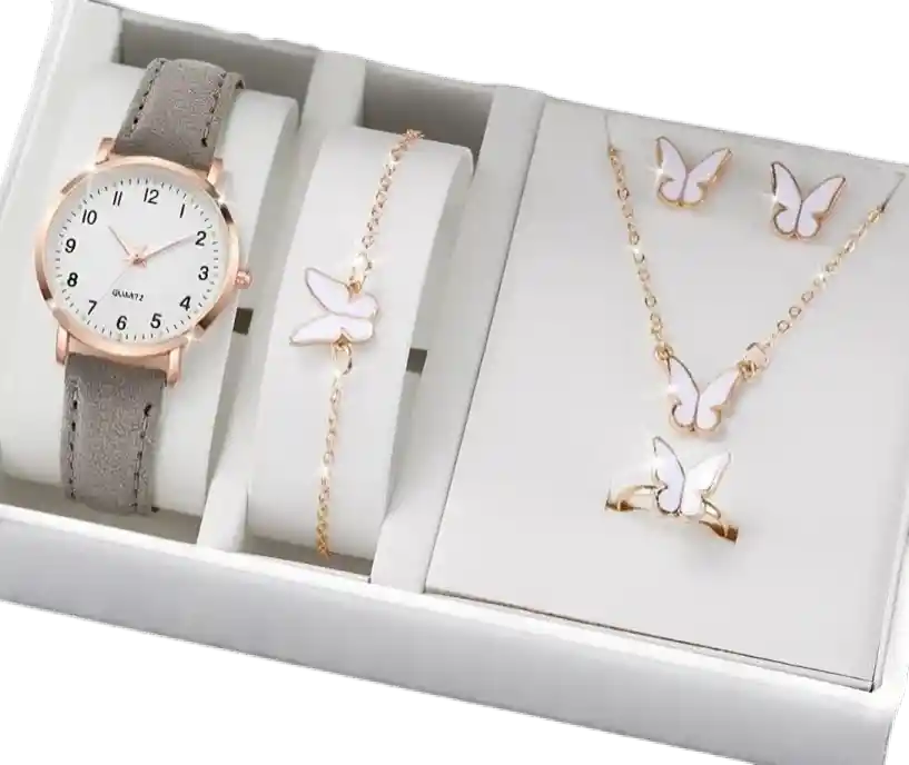 Kit Reloj Mariposa Para Mujer + Juego De Collar Aretes Blanco