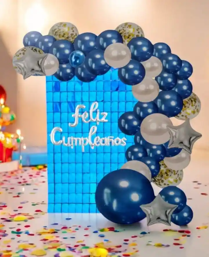 Kit De Globos Fiesta Feliz Cumpleaños Azul/blanco X72 Piezas