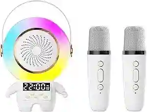 Karaoke Astronauta Con Dos Micrófonos Inalámbricos Altavoz Bluetooth Reloj Despertador Luz Rgb