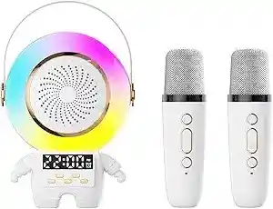 Karaoke Astronauta Con Dos Micrófonos Inalámbricos Altavoz Bluetooth Reloj Despertador Luz Rgb