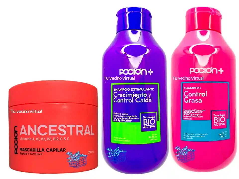 Shampoo Crecimiento Y Control Caída, Shampoo Control Grasa Y Mascarilla Ancestral La Pocion