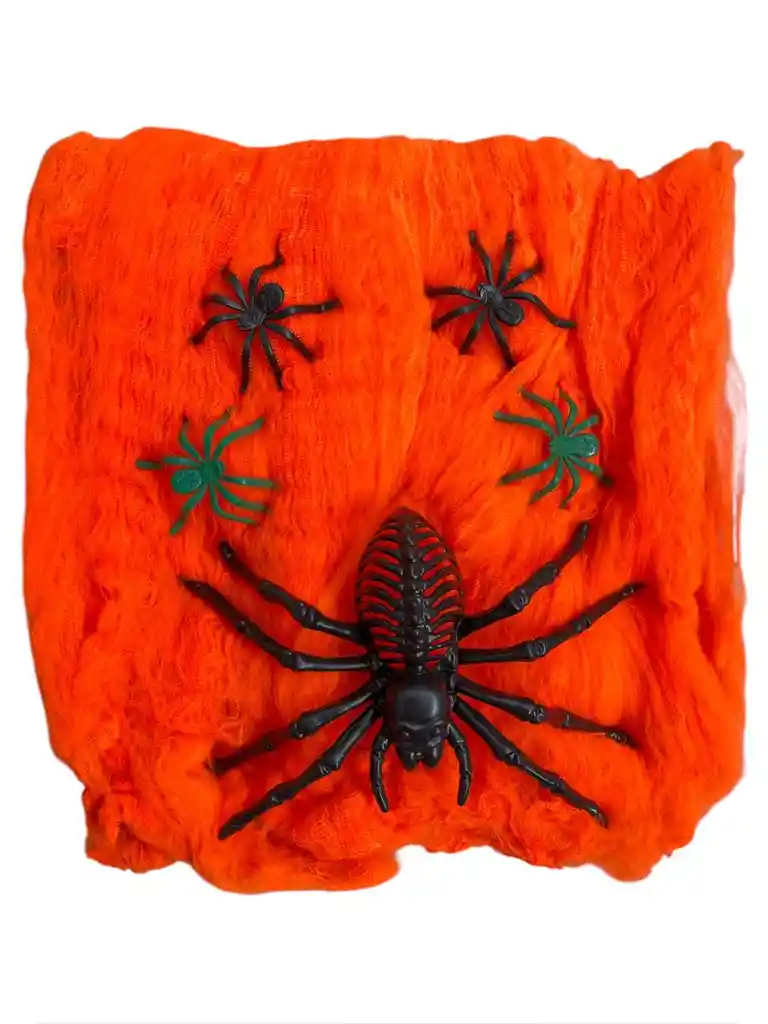 Telaraña Estirable Grande Naranja 5 Arañas Incluye Araña Gigante Halloween