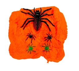 Telaraña Sintetica Grande Naranja 5 Arañas Incluye Araña Gigante Halloween