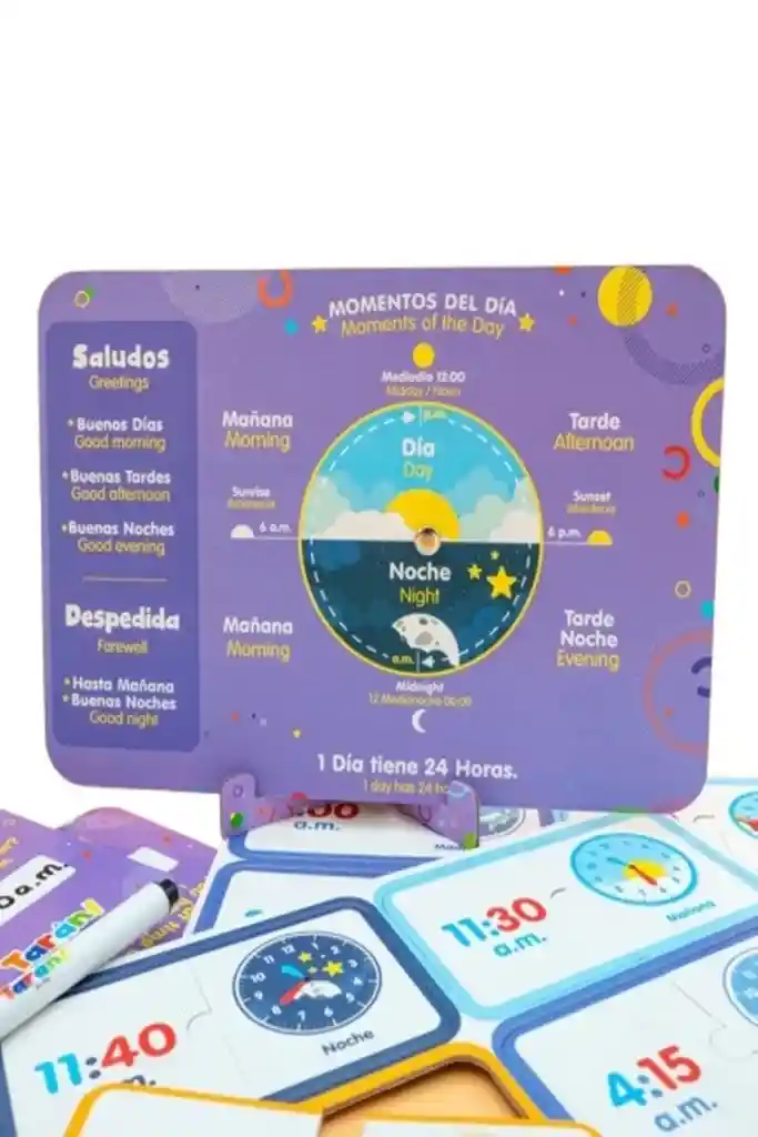 Juego Didáctico Bilingüe Aprendiendo La Hora Para Niños