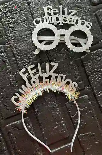 Gafas Lentes Diadema Feliz Cumpleaños Plateado