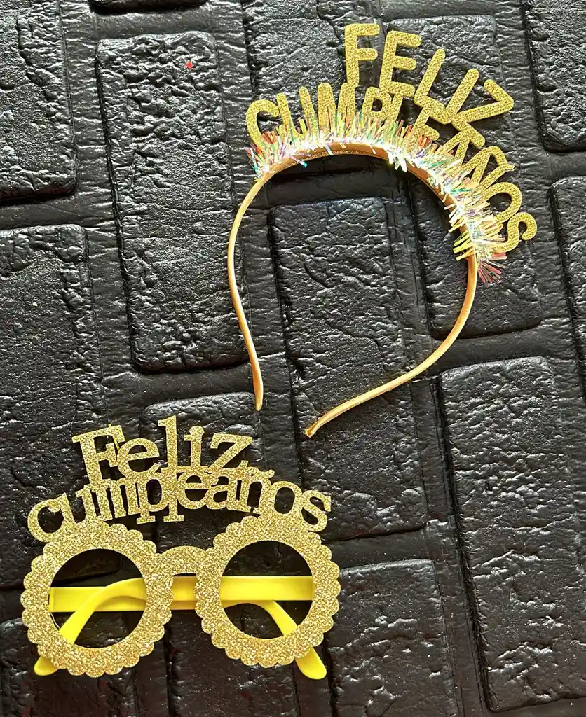 Gafas / Lentes / Diadema Feliz Cumpleaños Dorado