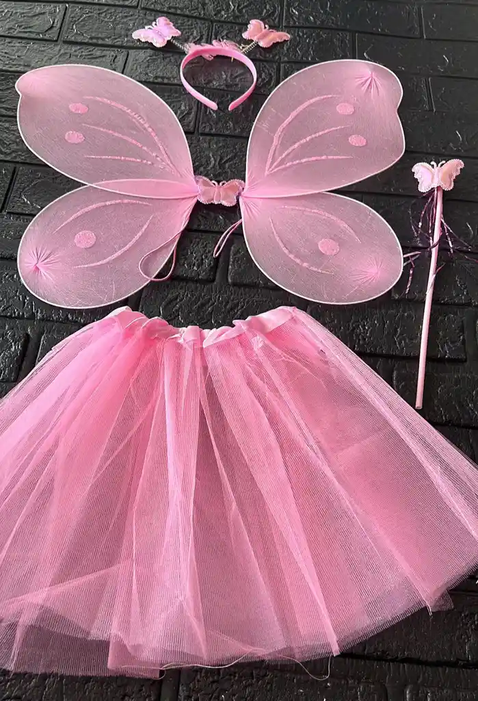 Set Disfraz Niña Alas Mariposa + Tutu + Diadema + Varita Rosado