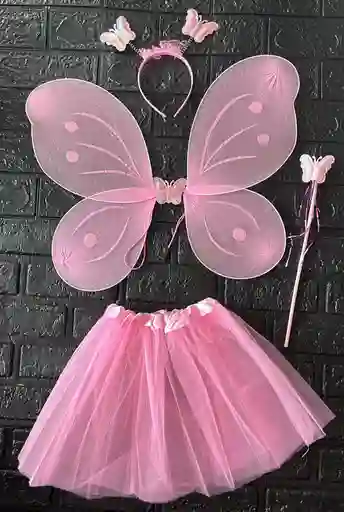 Set Disfraz Niña Alas Mariposa + Tutu + Diadema + Varita Rosado