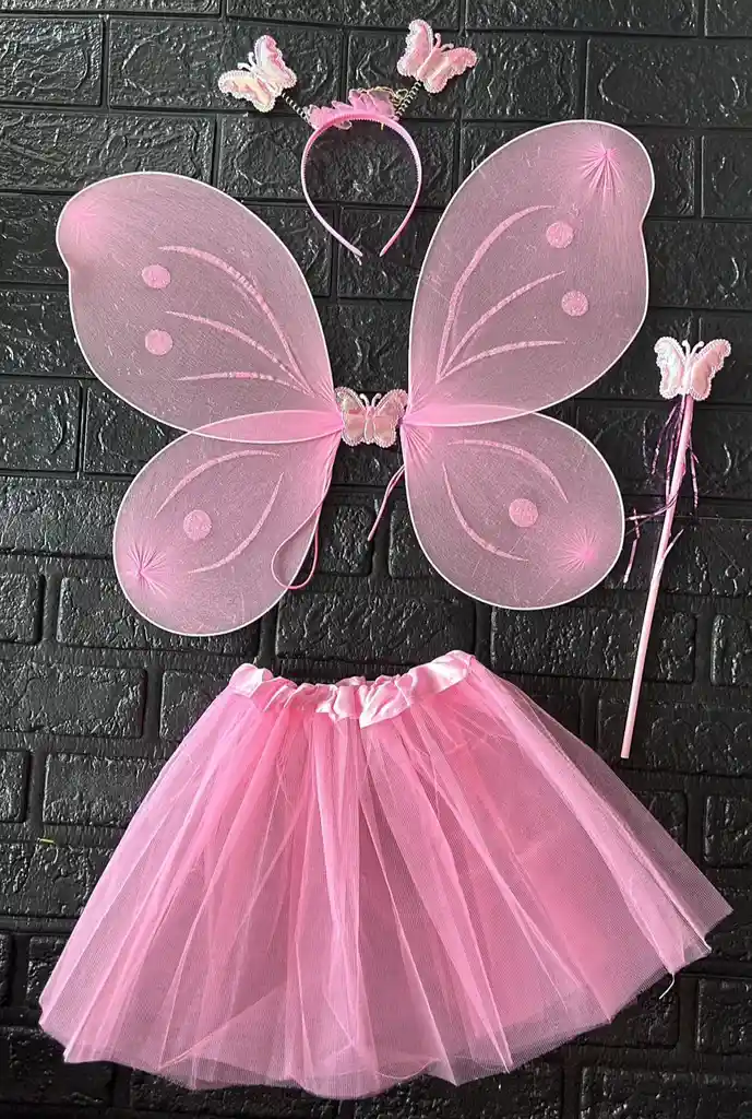 Set Disfraz Niña Alas Mariposa + Tutu + Diadema + Varita Rosado