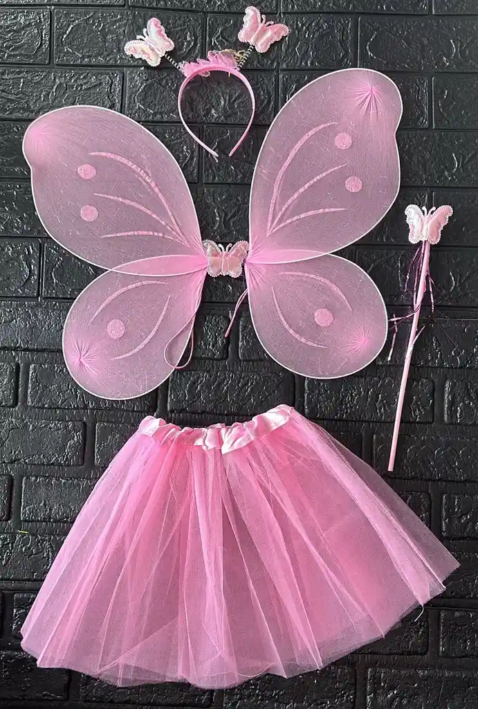Set Disfraz Niña Alas Mariposa + Tutu + Diadema + Varita Rosado