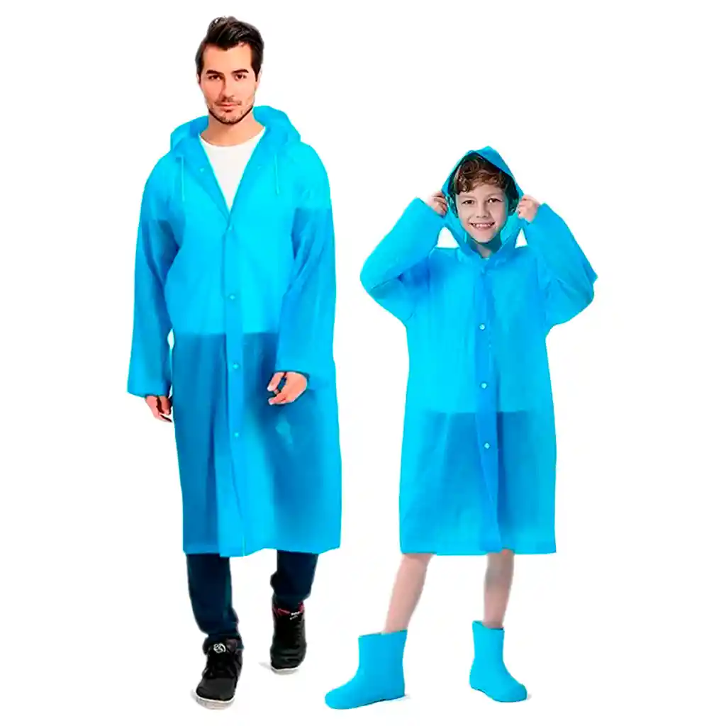 Kit X2 Capa Lluvia Adulto Y Niño Impermeable Eva Botones - Azul