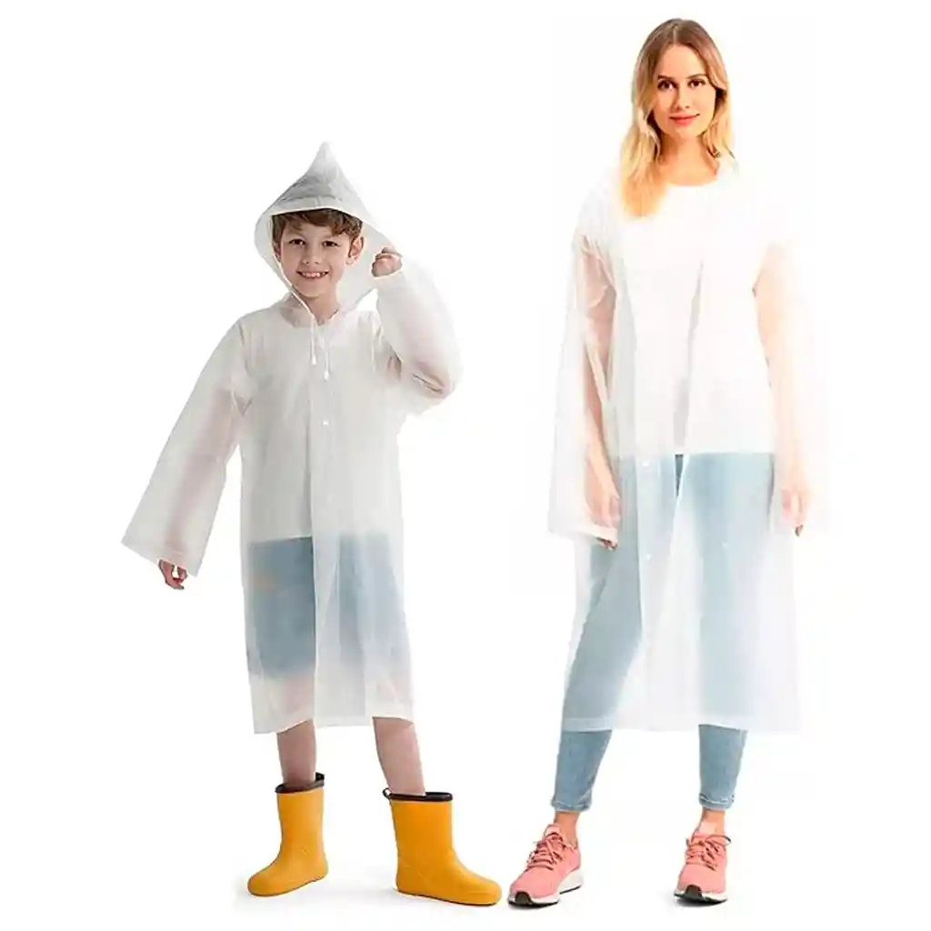 Kit X2 Capa Lluvia Adulto Y Niño Impermeable Eva Botones - Blanco