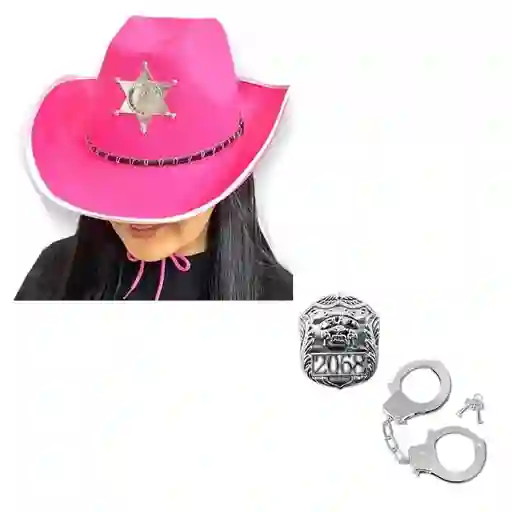 Sombrero Rosa De Vaquero Placa Y Esposas
